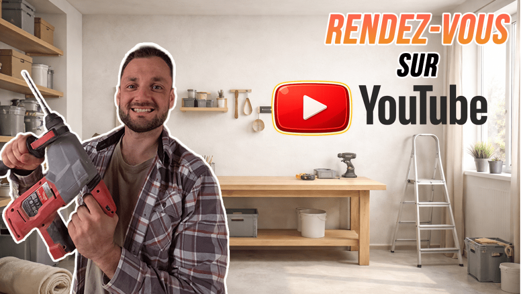 Un homme souriant tenant une perceuse dans un atelier avec un fond de meubles en bois et des outils, invitant à rejoindre YouTube.